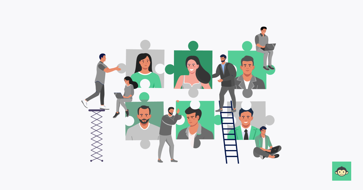 Managers connecting employees in a shape of puzzle