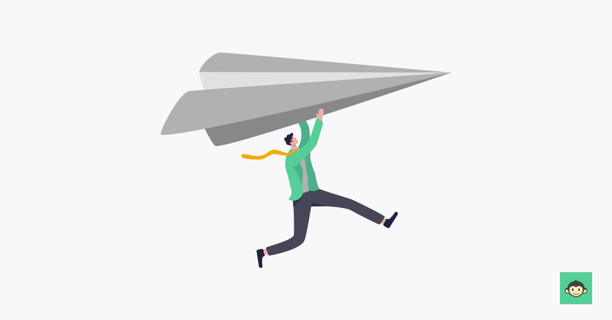 Employee running with a huge paper rocket